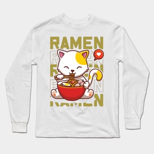 Cat Eating Ramen Cute Noodles, Kawaii Kittie Eating Japanese Noodle Long Sleeve T-Shirt